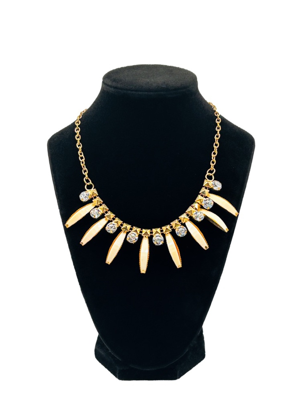 Vintage Inspired Gold Tone Bib Necklace, Cream & Rhinestone Fringe